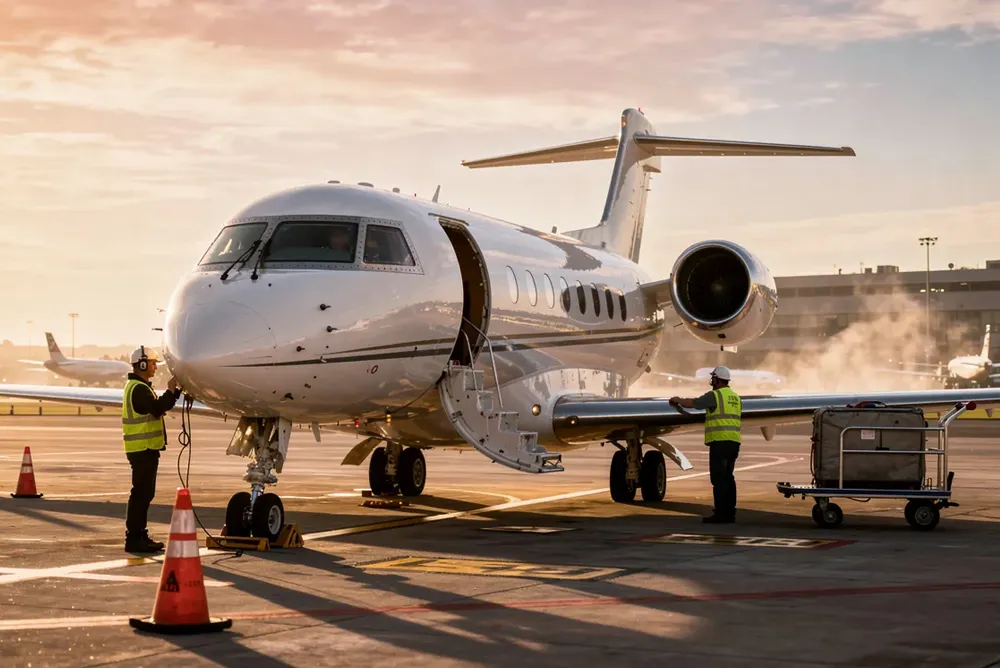 Ground crew preparing a private jet under an aircraft management agreement