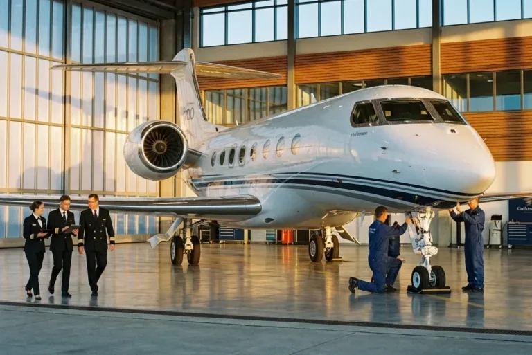 Private jet in hangar under aircraft management with pilots and ground crew
